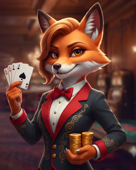 Kitsune fox casino host beside a warm orange and burgundy gaming lounge